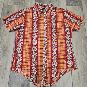 Marlboro Vintage Plaid Floral Retro Bright Button Down Women's 18 Medium Orange